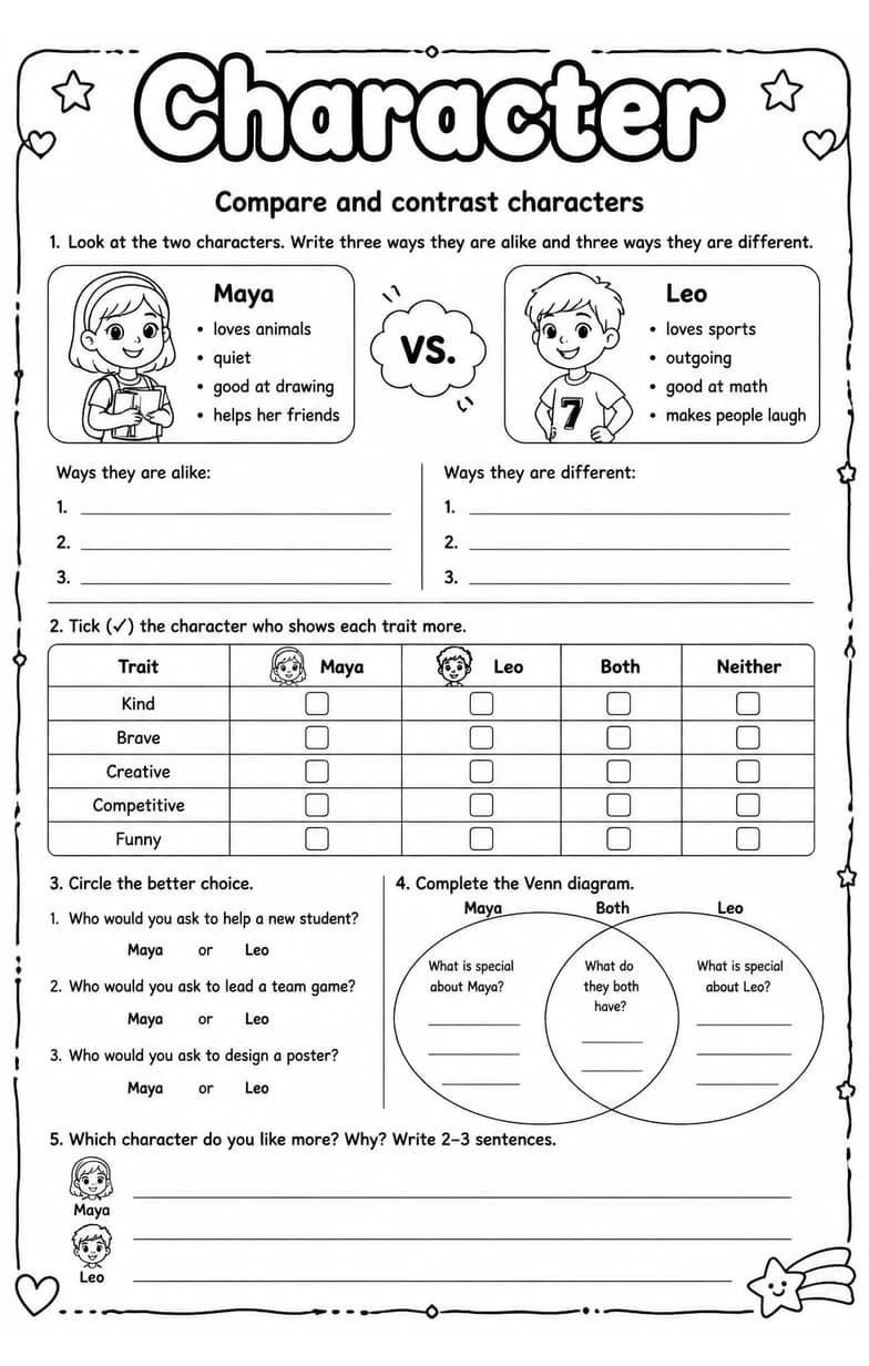 Compare and contrast characters — free printable Reading strategies English worksheet