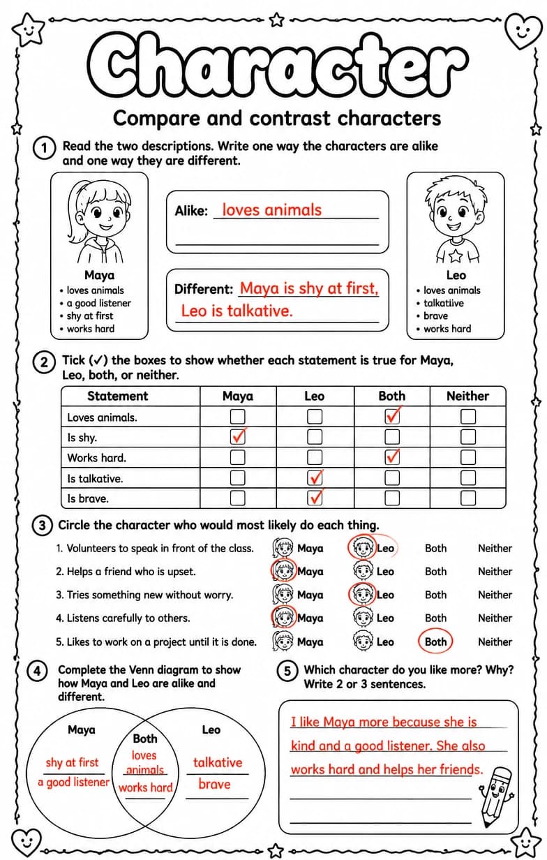 Answer key for Compare and contrast characters — free printable English & Reading worksheet