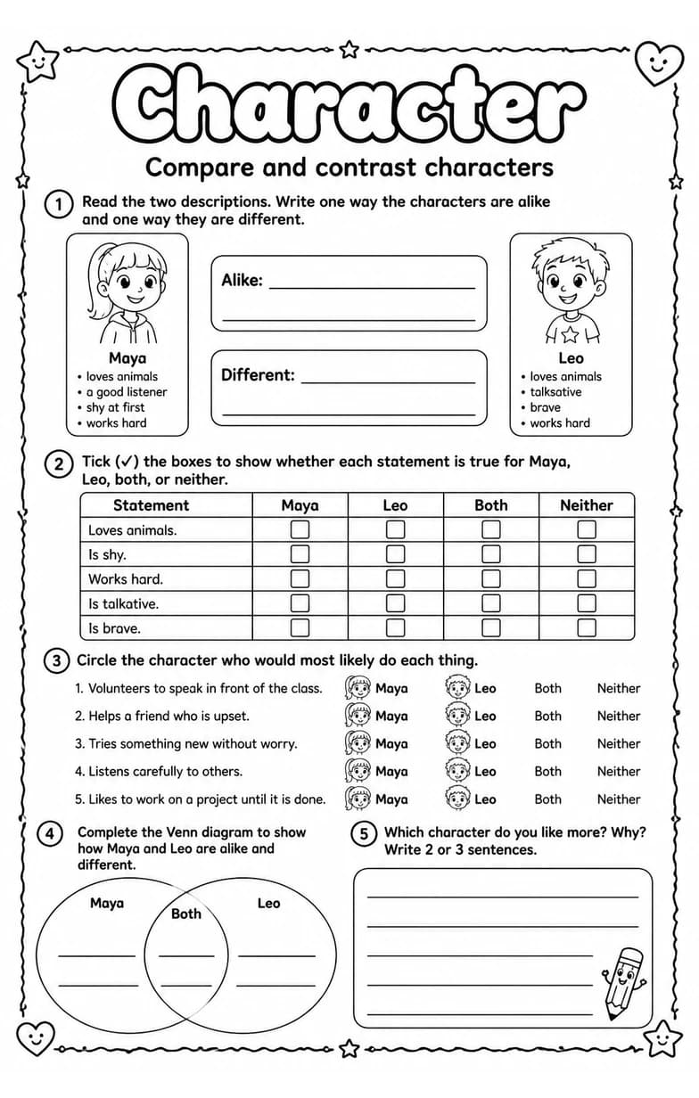 Compare and contrast characters — free printable Reading strategies English worksheet