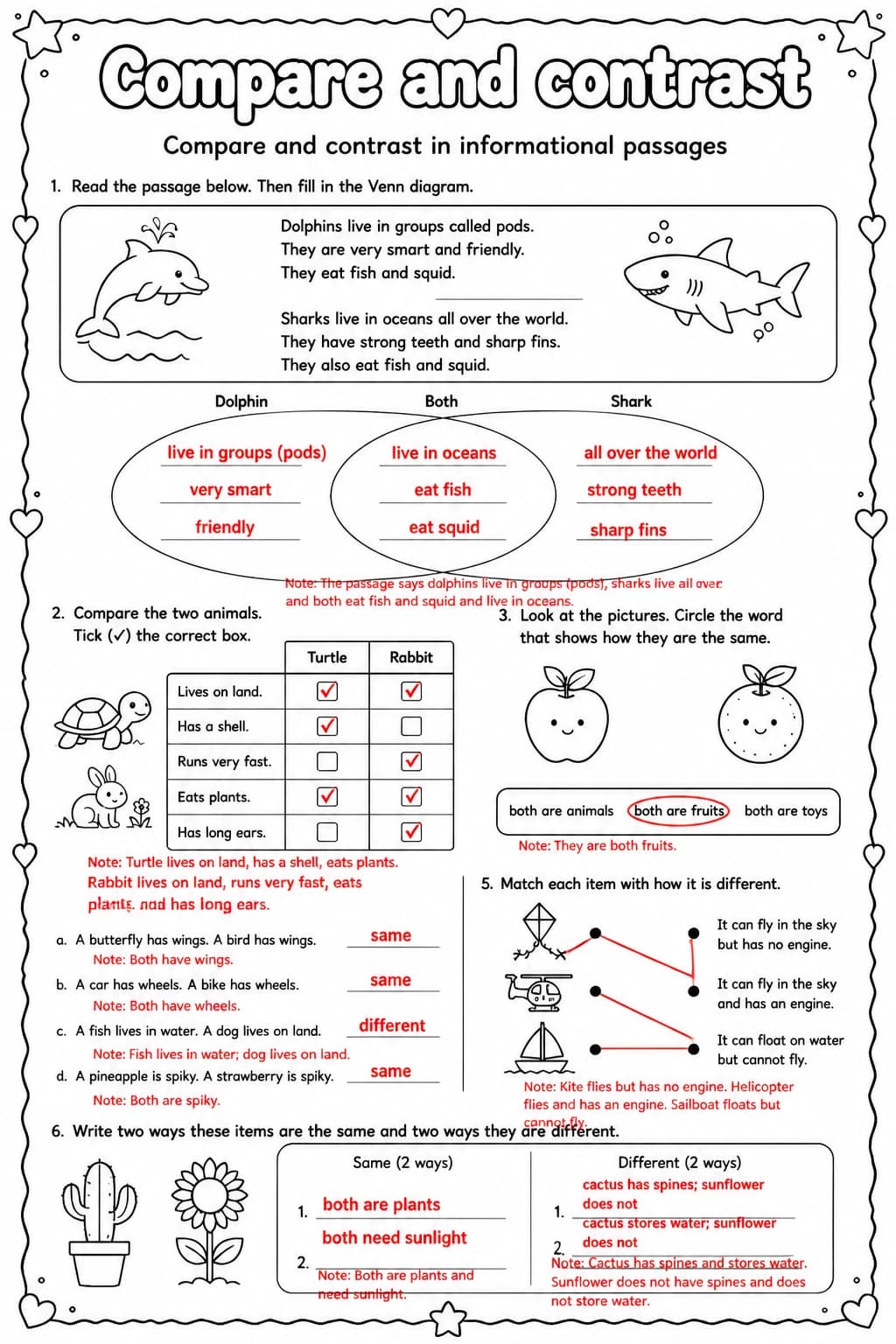 Answer key for Compare and contrast in informational passages — free printable English & Reading worksheet