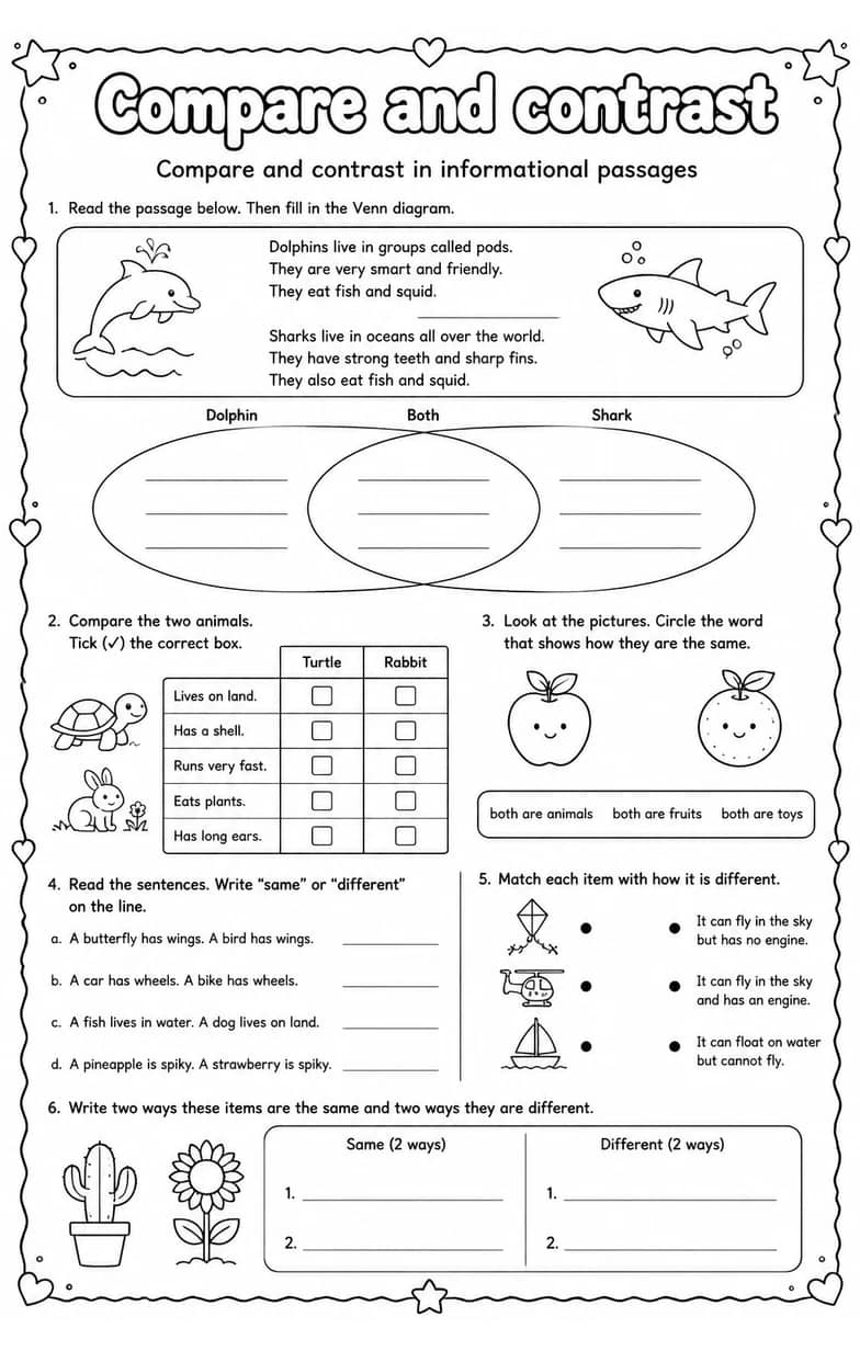 Compare and contrast in informational passages — free printable Reading strategies English worksheet