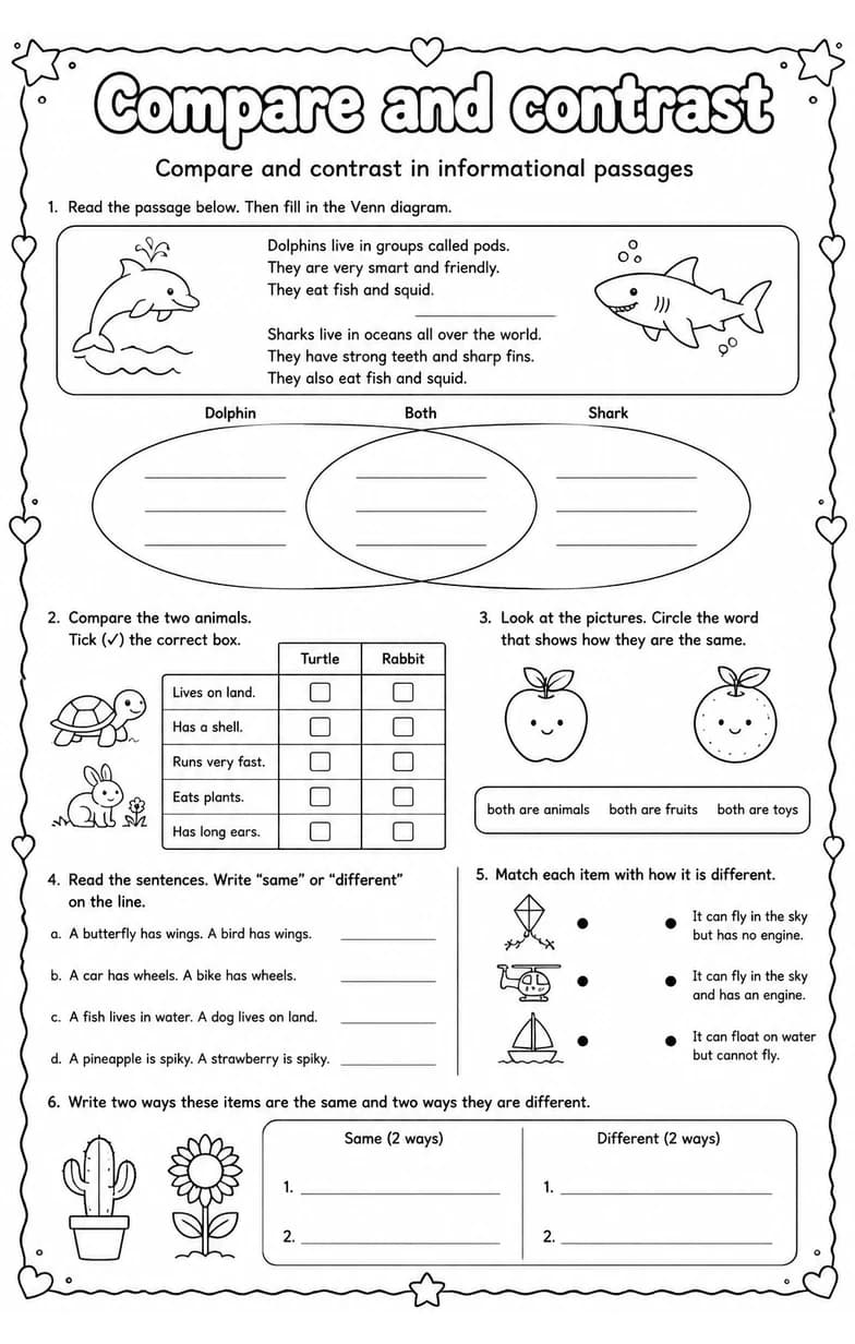 Compare and contrast in informational passages — free printable Grade 2 English & Reading worksheet