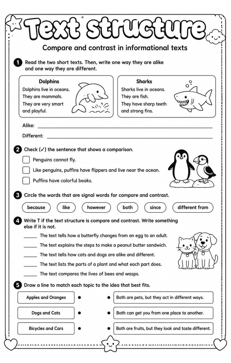 Compare and contrast in informational texts — free printable Grade 3 English & Reading worksheet