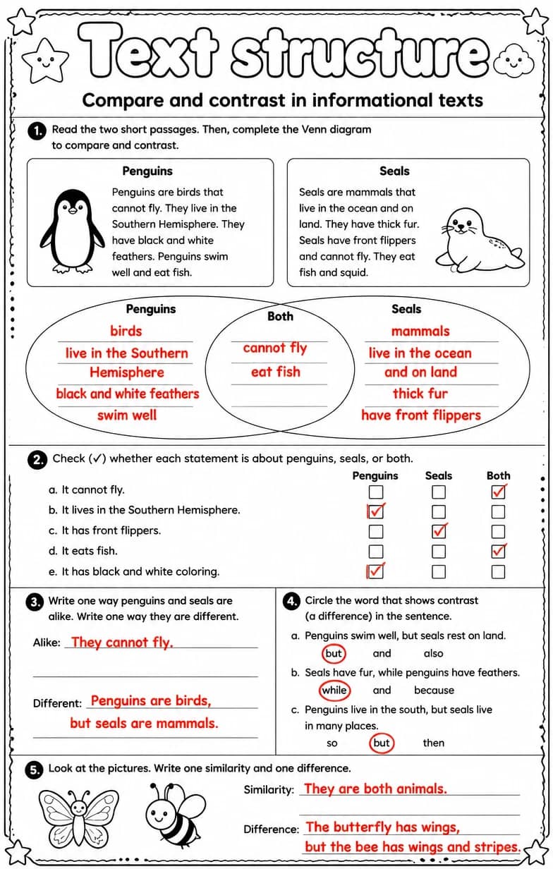 Answer key for Compare and contrast in informational texts — free printable English & Reading worksheet