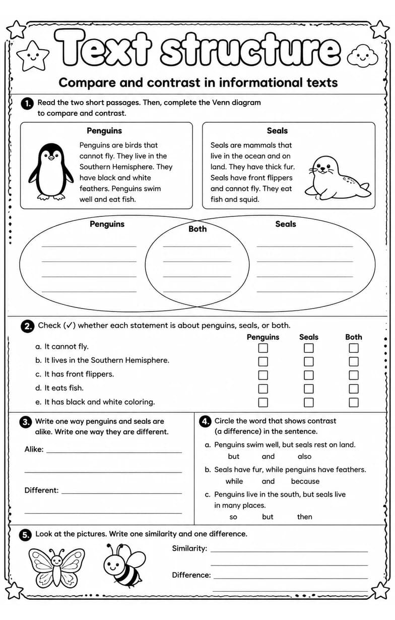 Compare and contrast in informational texts — free printable Grade 4 English & Reading worksheet