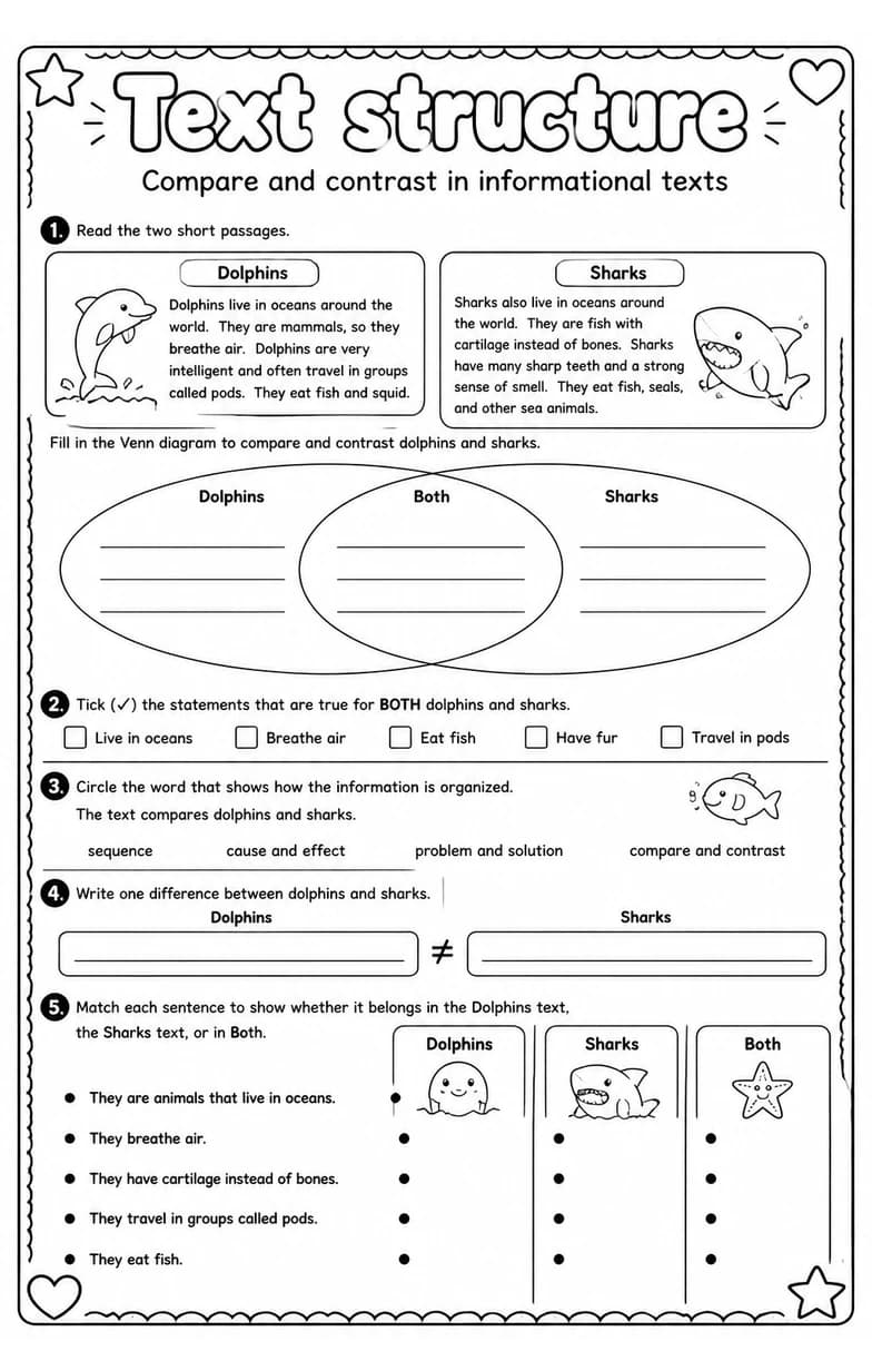Compare and contrast in informational texts — free printable Reading strategies English worksheet