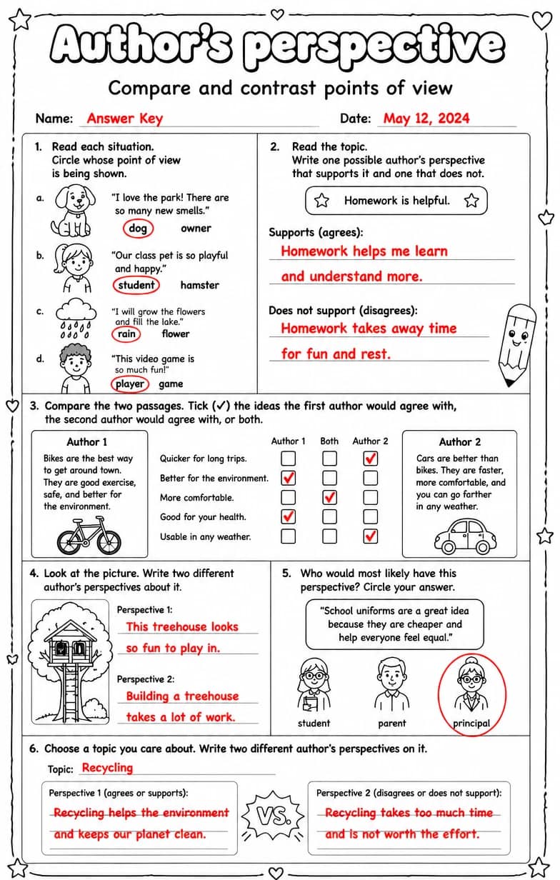 Answer key for Compare and contrast points of view — free printable English & Reading worksheet
