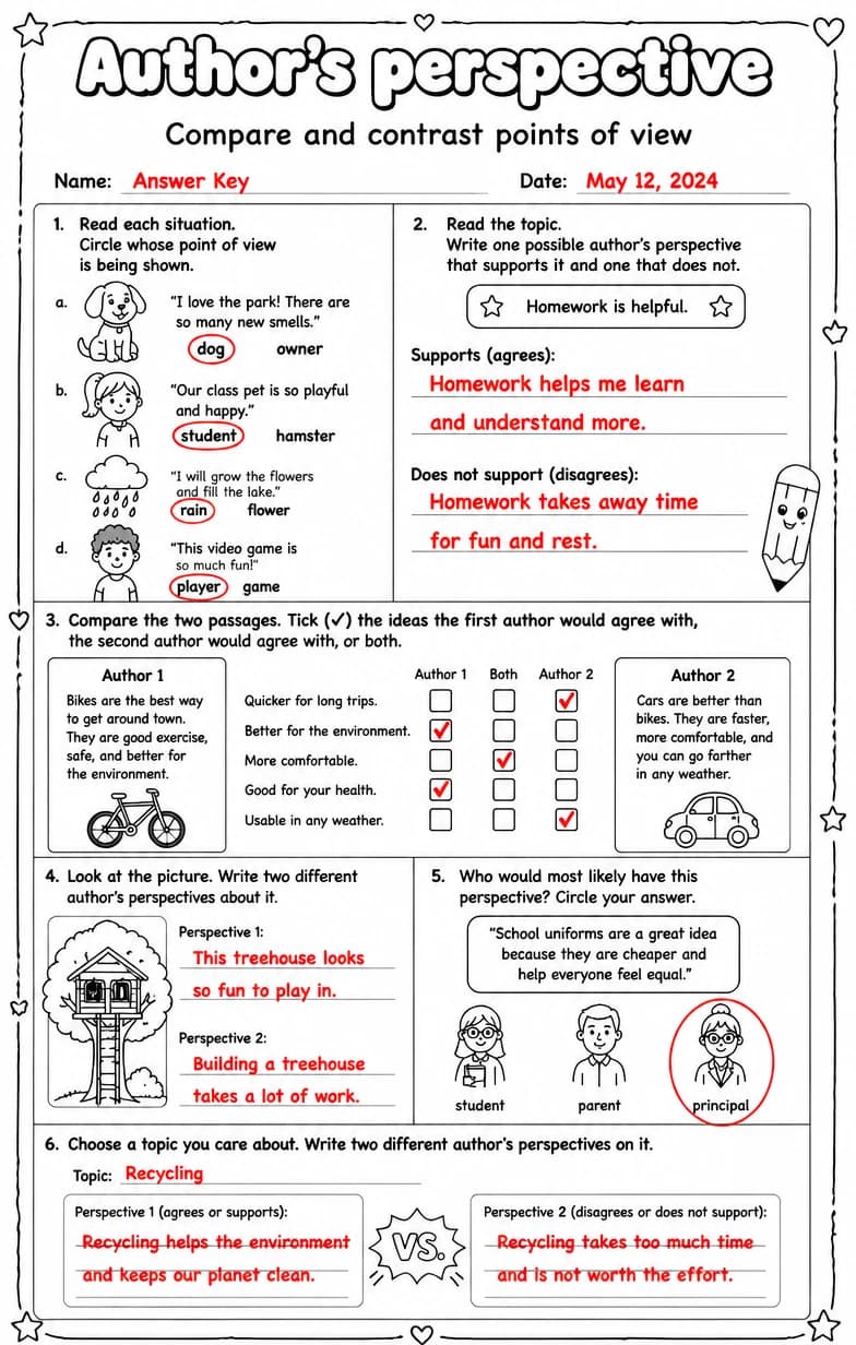 Answer key for Compare and contrast points of view — free printable English & Reading worksheet