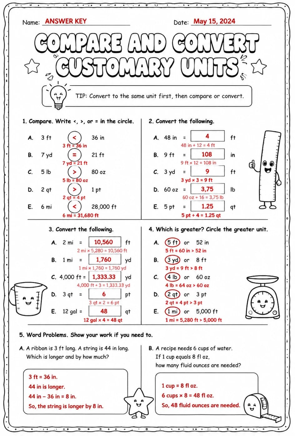 Answer key for Compare and convert customary units — free printable Math worksheet
