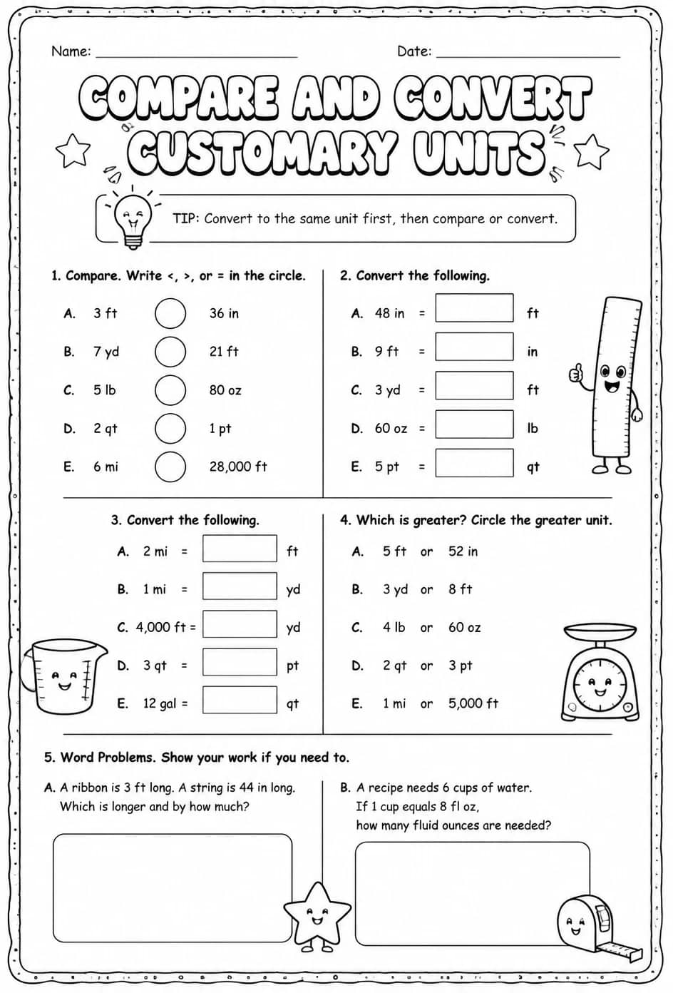 Compare and convert customary units — free printable Grade 5 math worksheet