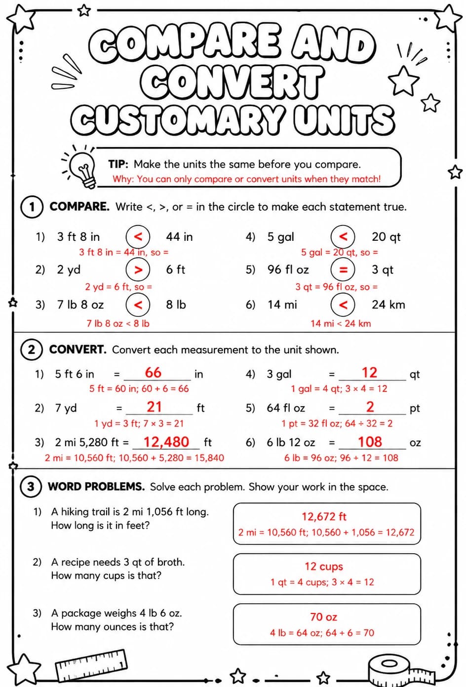 Answer key for Compare and convert customary units — free printable Math worksheet