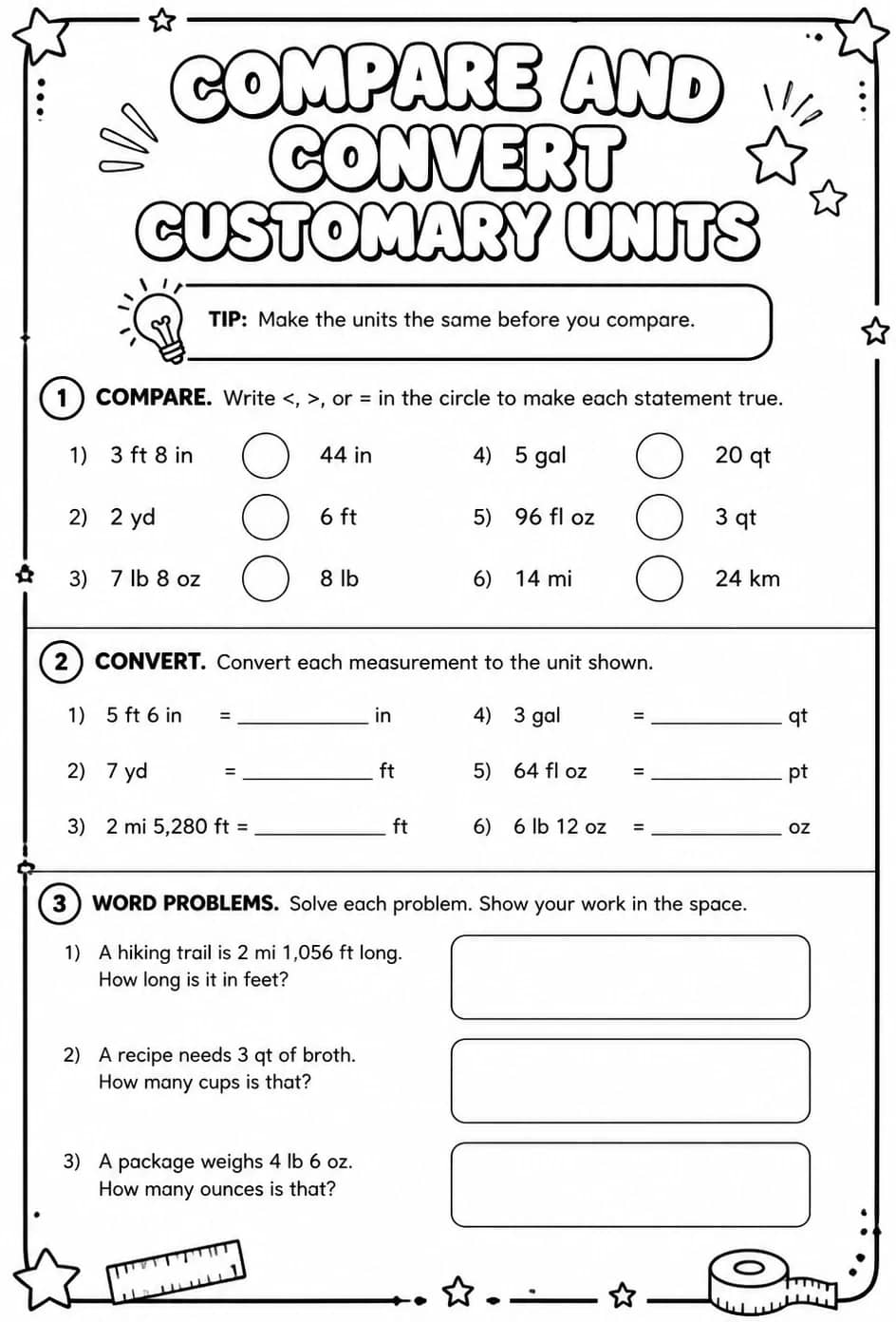 Compare and convert customary units — free printable Grade 7 math worksheet