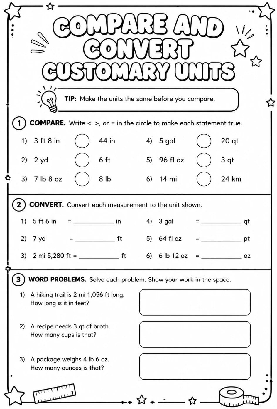 Compare and convert customary units — free printable Grade 7 math worksheet