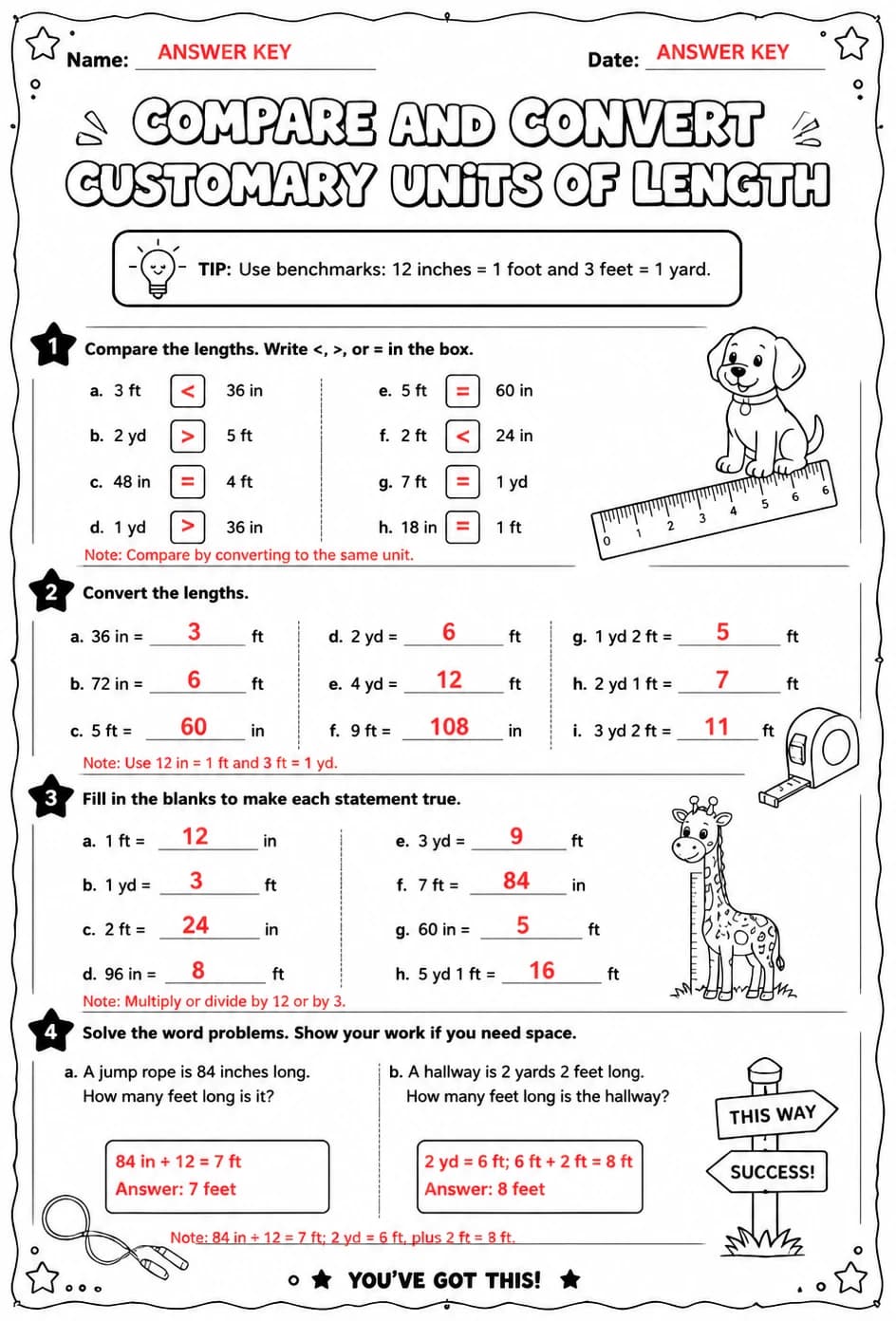Answer key for Compare and convert customary units of length — free printable Math worksheet