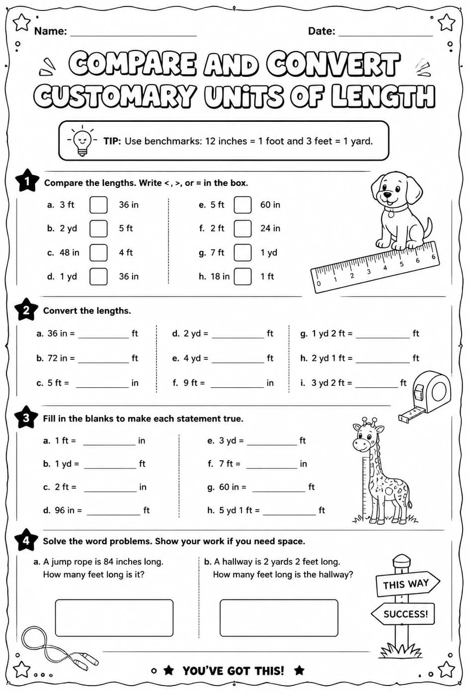 Compare and convert customary units of length — free printable Grade 5 math worksheet