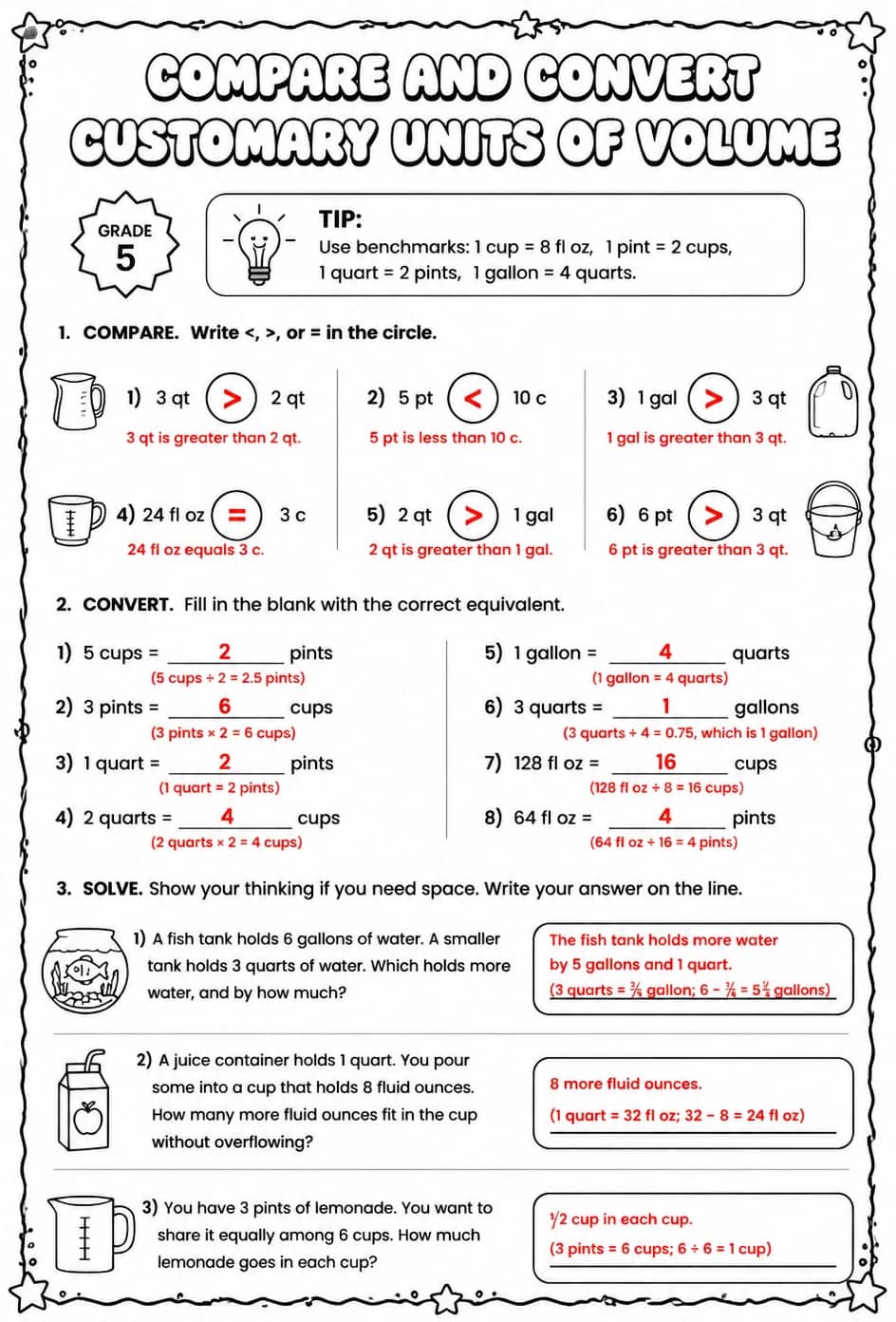 Answer key for Compare and convert customary units of volume — free printable Math worksheet