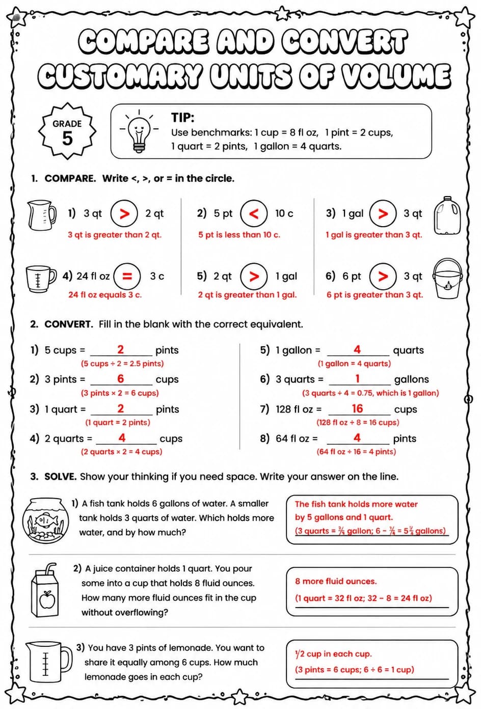 Answer key for Compare and convert customary units of volume — free printable Math worksheet