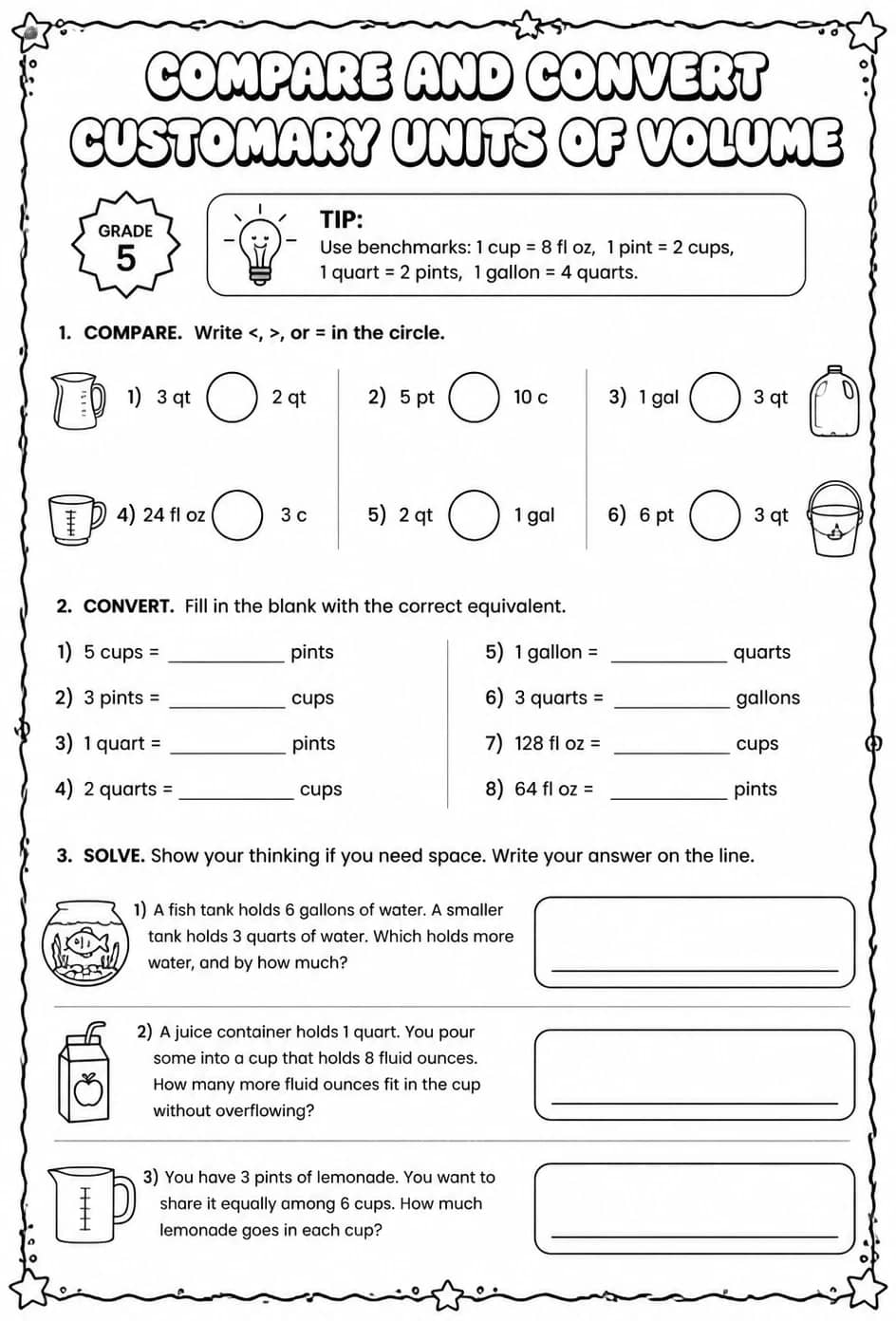 Compare and convert customary units of volume — free printable Grade 5 math worksheet