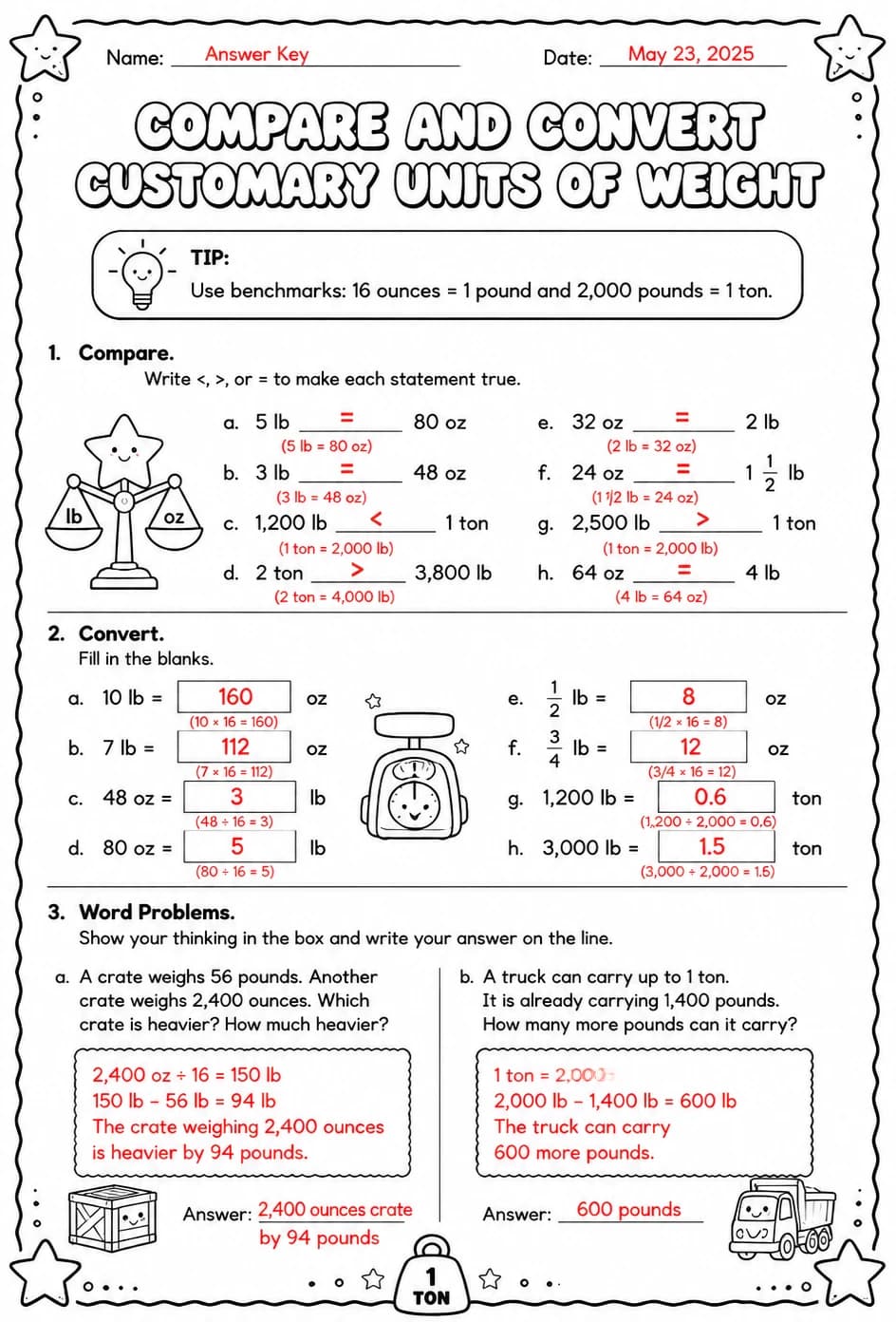 Answer key for Compare and convert customary units of weight — free printable Math worksheet