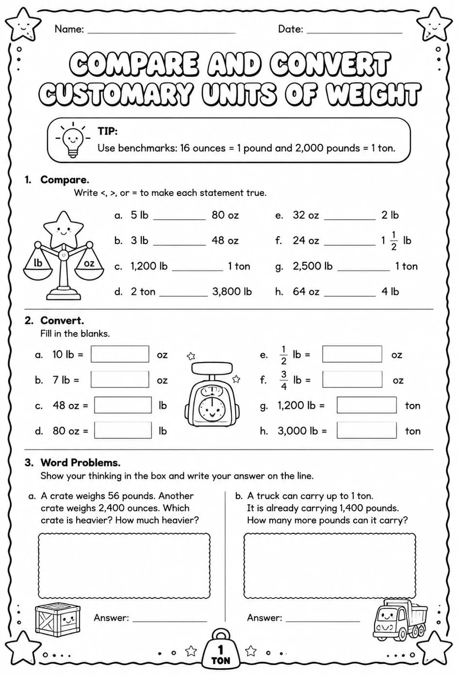 Compare and convert customary units of weight — free printable Grade 5 math worksheet