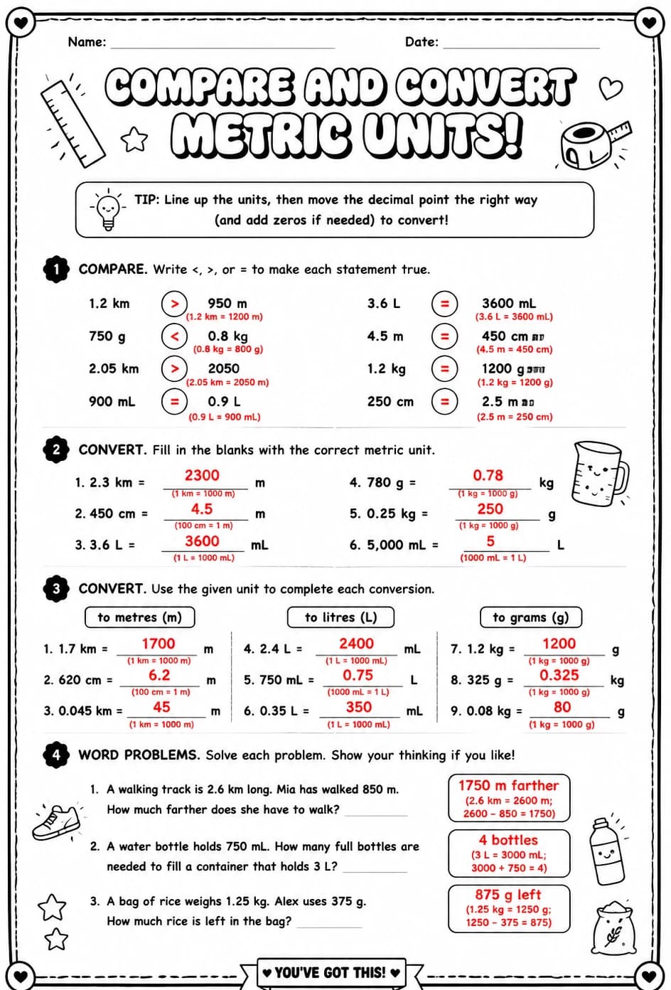 Answer key for Compare and convert metric units — free printable Math worksheet