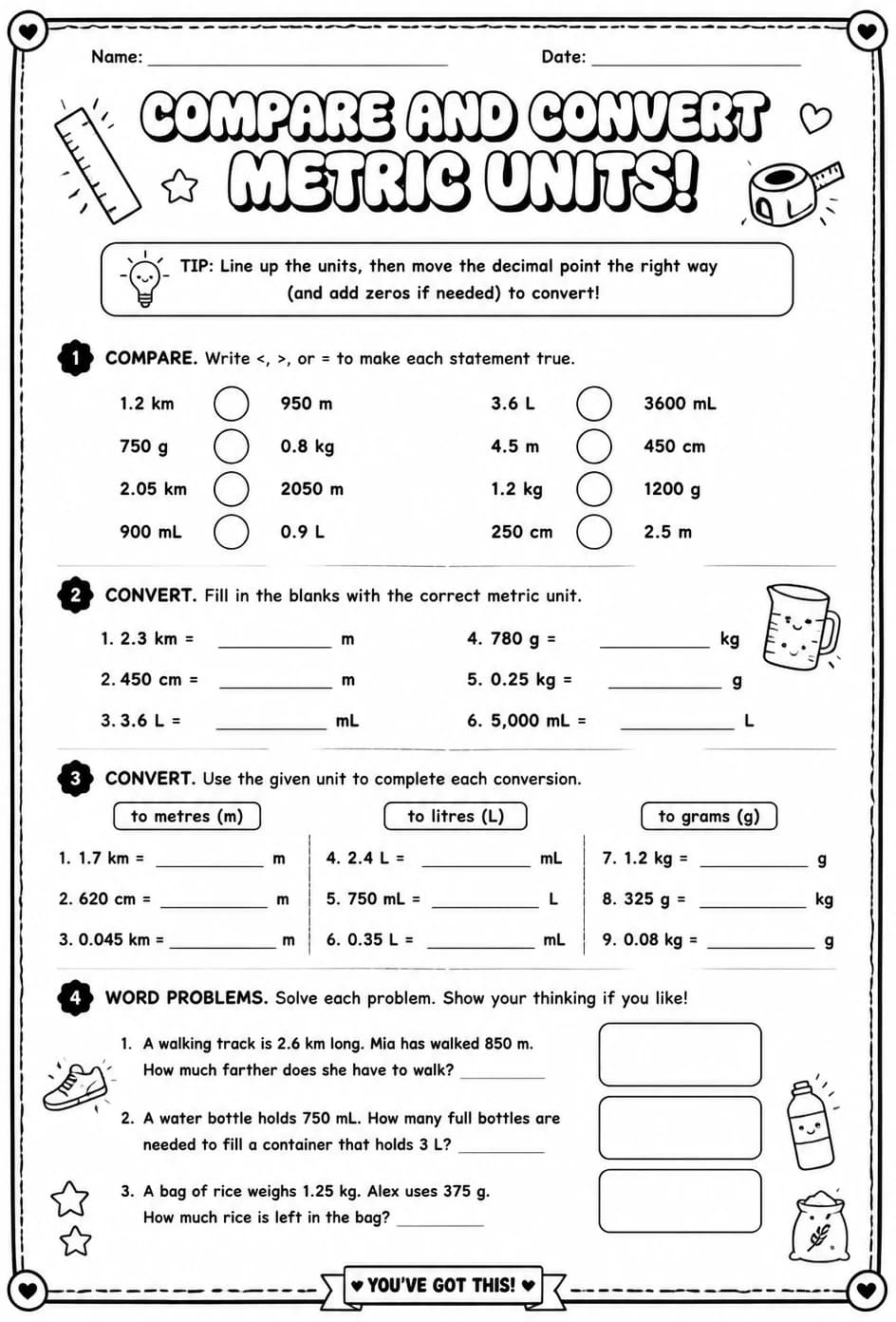 Compare and convert metric units — free printable Grade 5 math worksheet