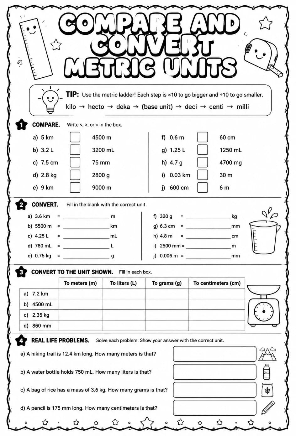 Compare and convert metric units — free printable Grade 7 math worksheet