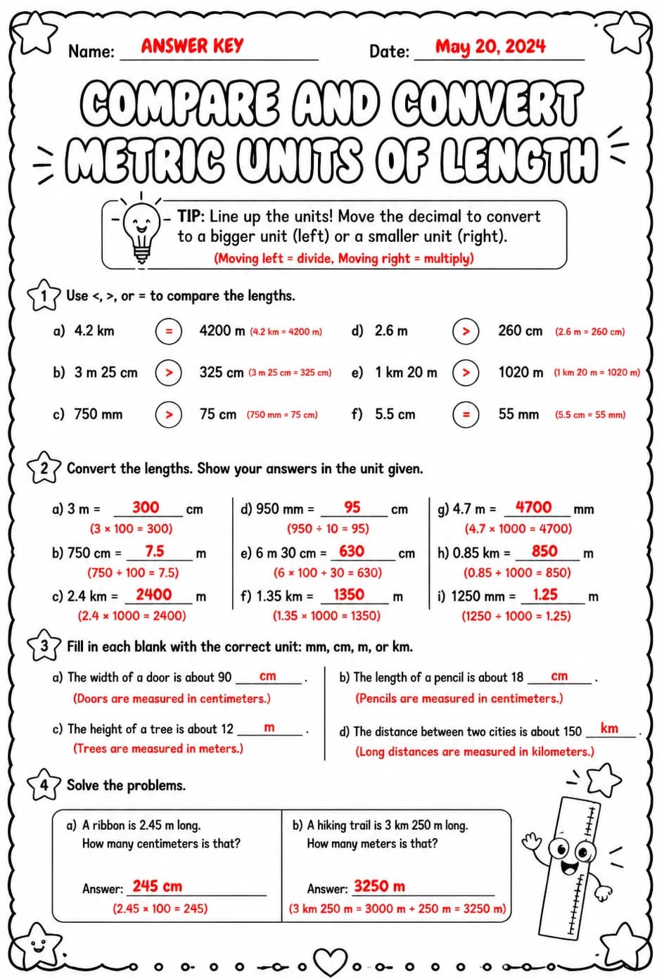 Answer key for Compare and convert metric units of length — free printable Math worksheet