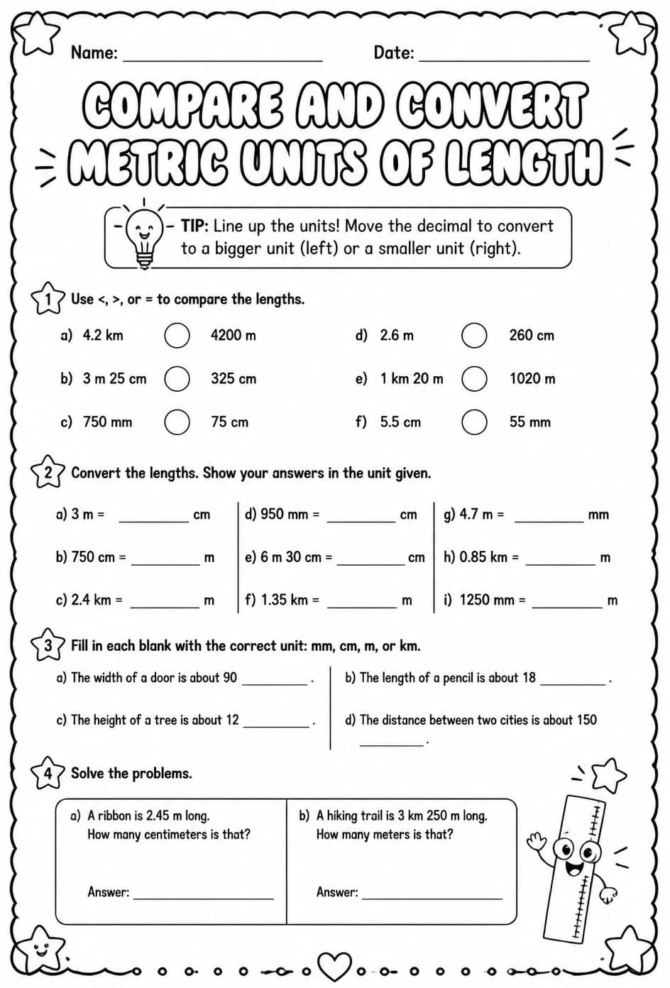 Compare and convert metric units of length — free printable Grade 5 math worksheet