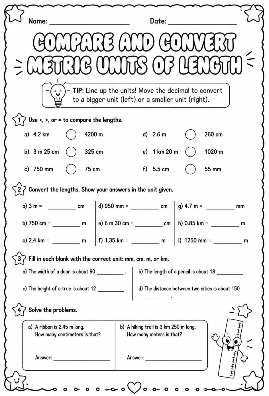 Compare and convert metric units of length — free printable Grade 5 math worksheet