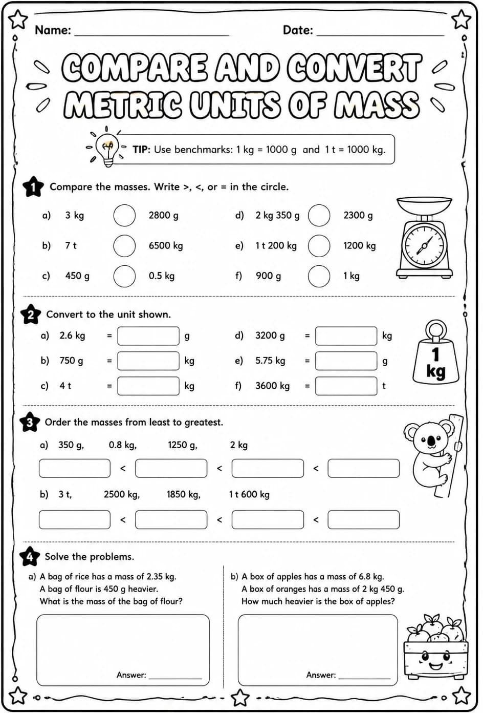 Compare and convert metric units of mass — free printable Grade 5 math worksheet