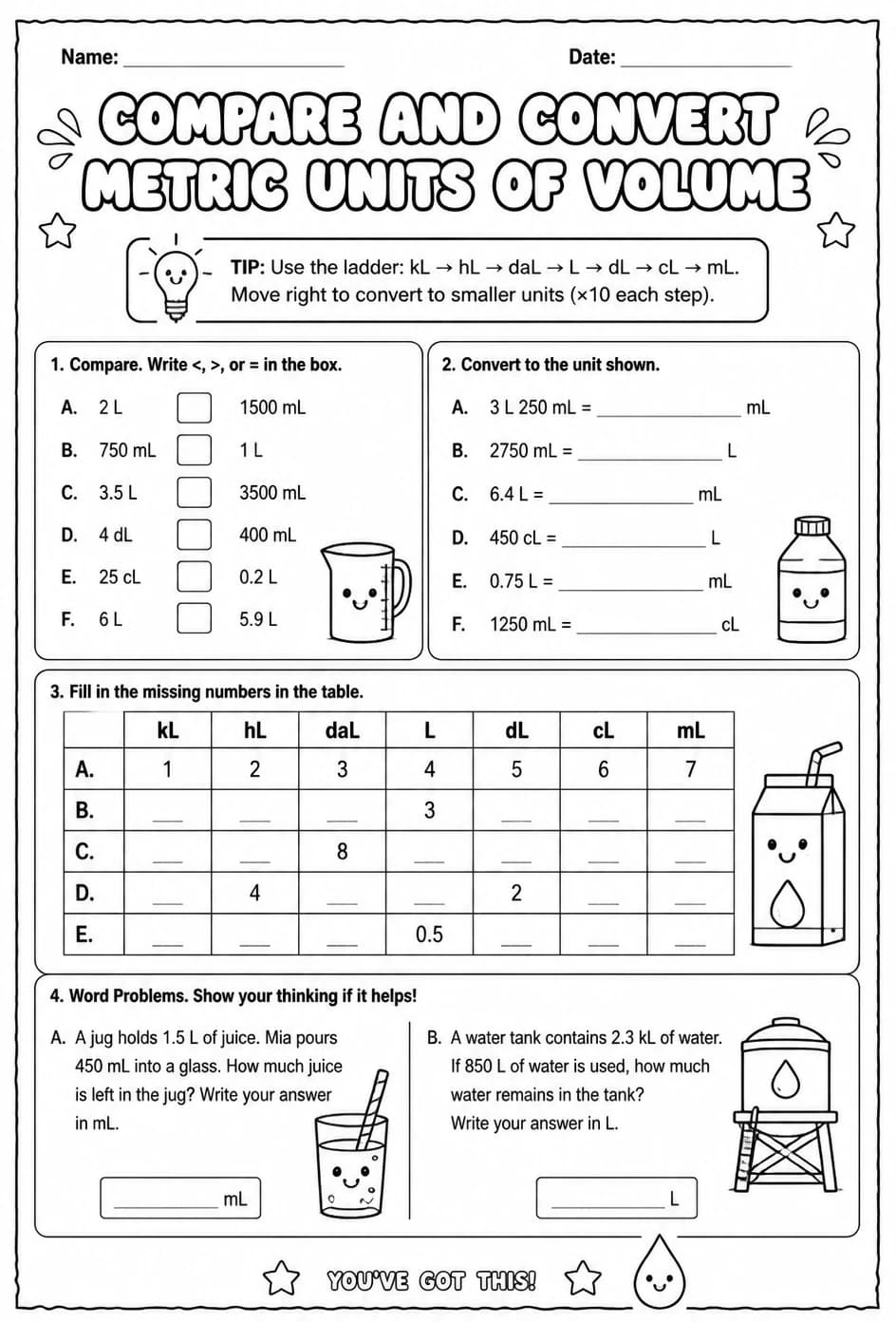 Compare and convert metric units of volume — free printable Grade 5 math worksheet