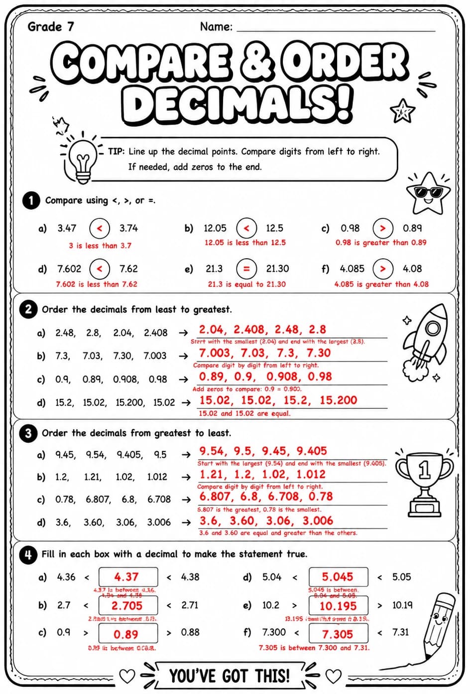 Answer key for Compare and order decimals — free printable Math worksheet