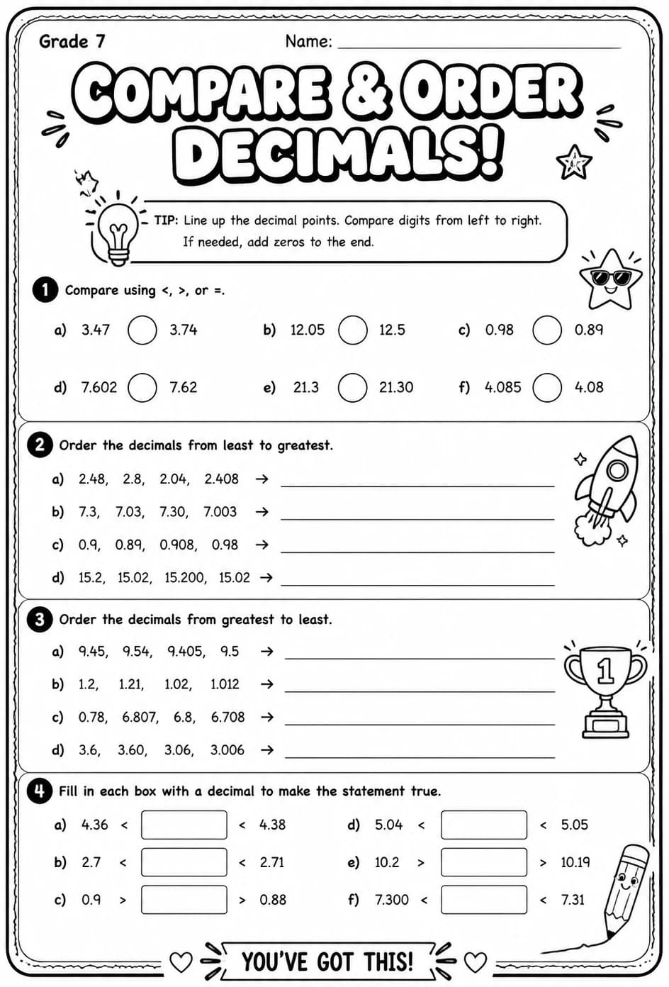 Compare and order decimals — free printable Grade 7 math worksheet