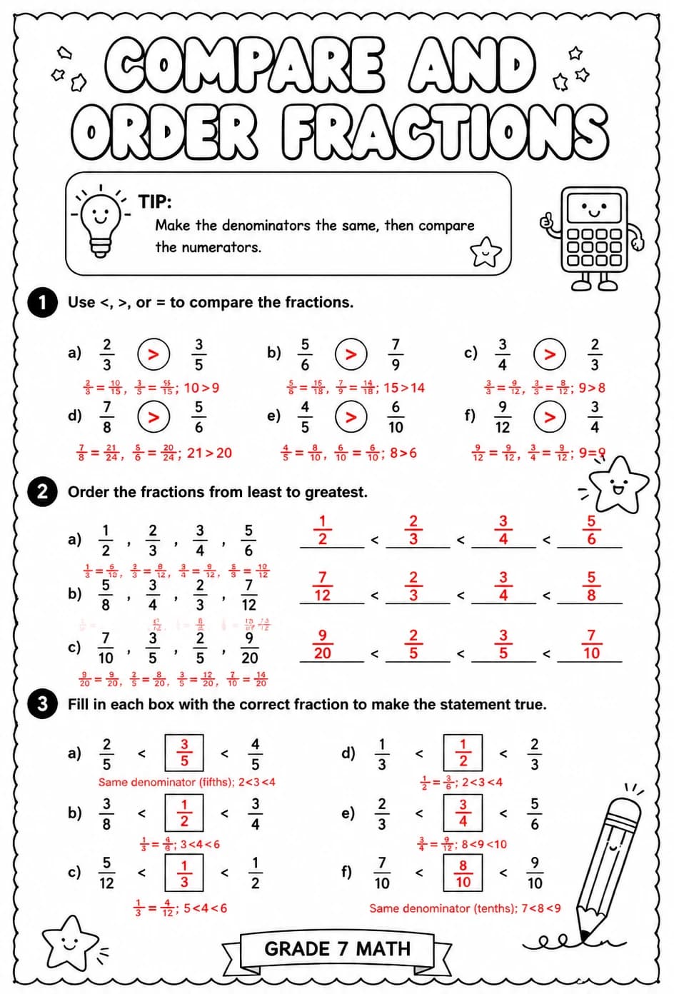 Answer key for Compare and order fractions — free printable Math worksheet