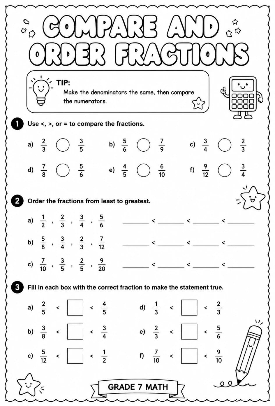 Compare and order fractions — free printable Grade 7 math worksheet