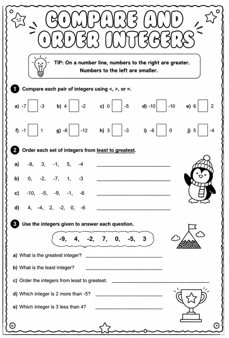 Compare and order integers — free printable Grade 7 math worksheet