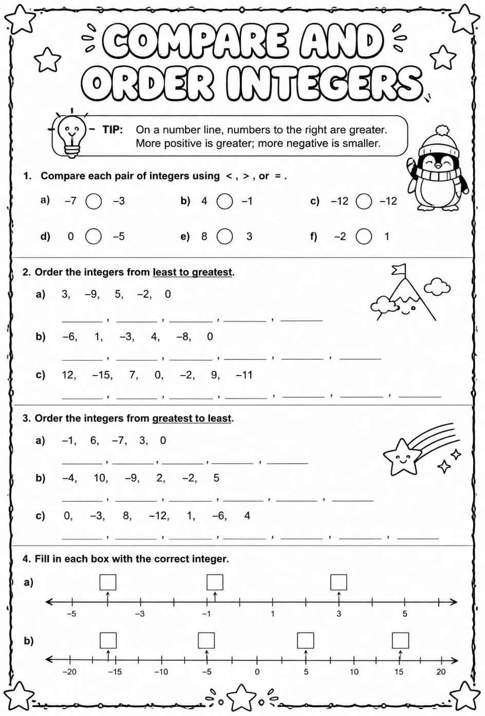 Compare and order integers — free printable Grade 8 math worksheet
