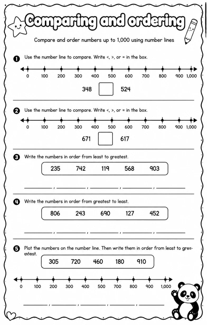 Compare and order numbers up to 1,000 using number lines — free printable Grade 2 math worksheet