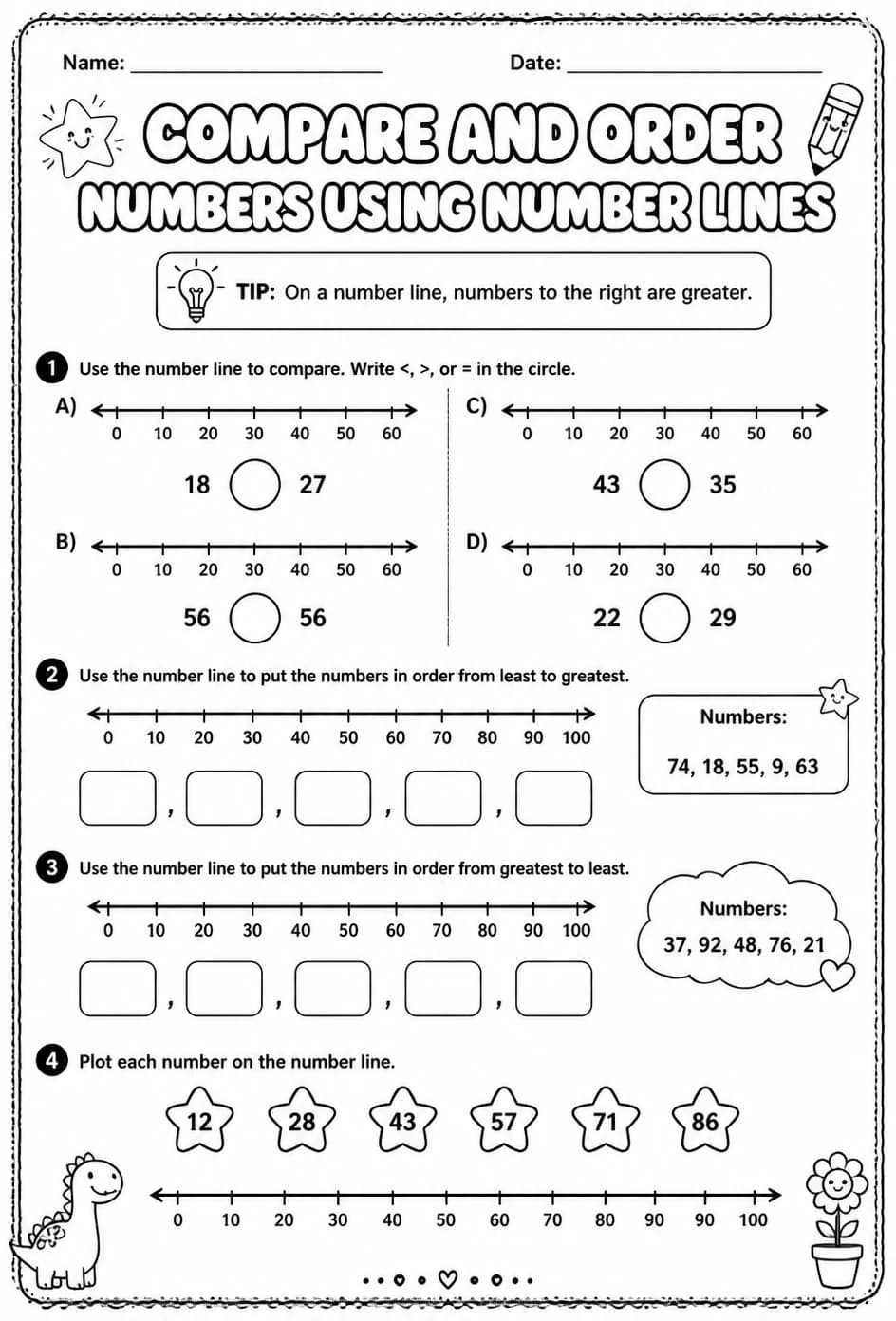 Compare and order numbers using number lines — free printable Grade 3 math worksheet