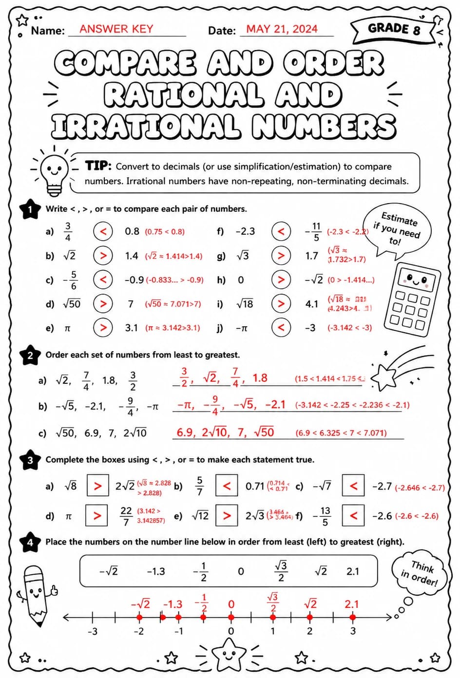 Answer key for Compare and order rational and irrational numbers — free printable Math worksheet