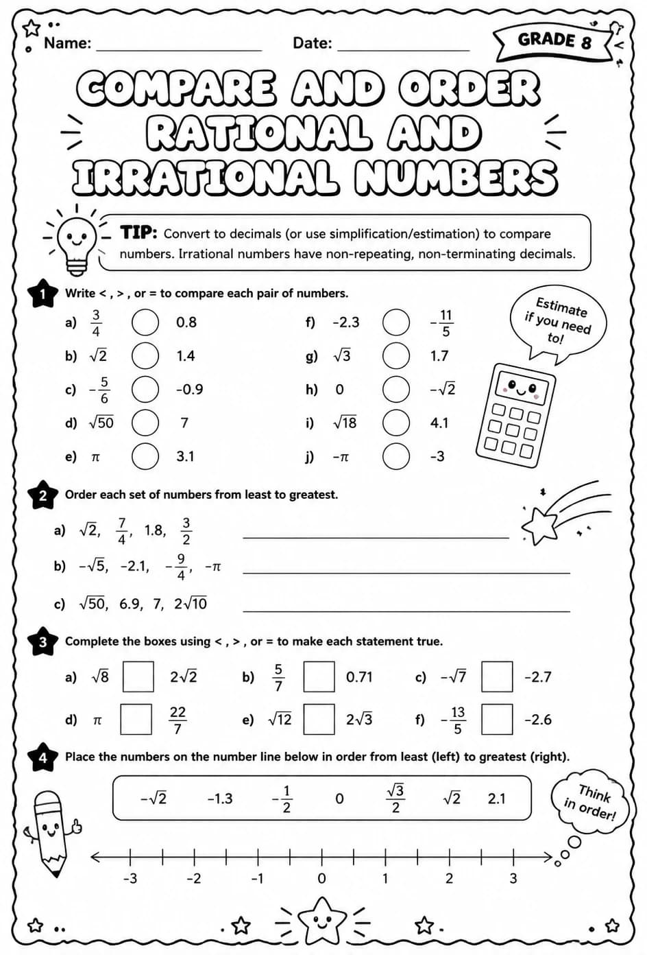 Compare and order rational and irrational numbers — free printable Grade 8 math worksheet