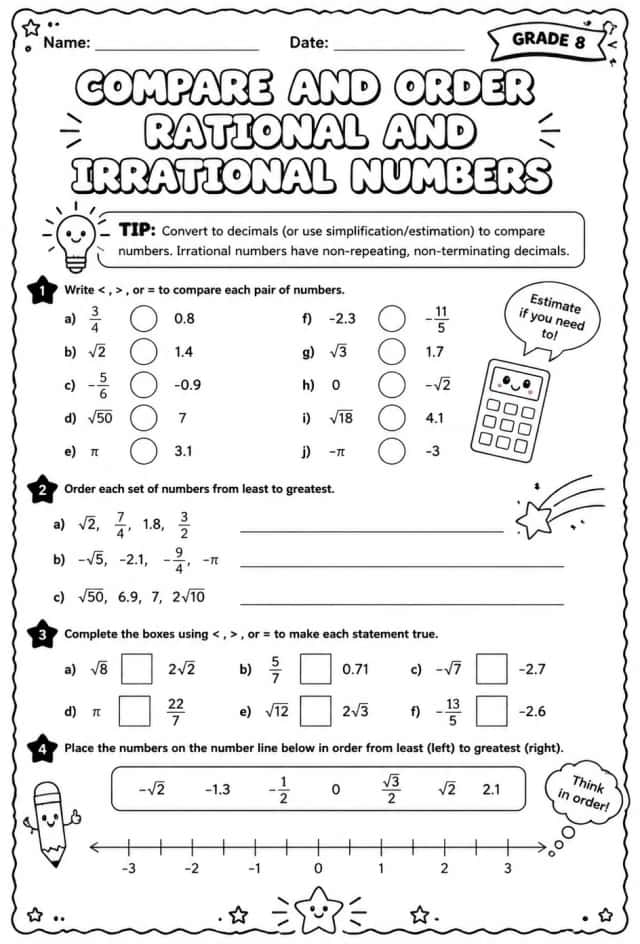 Compare and order rational and irrational numbers