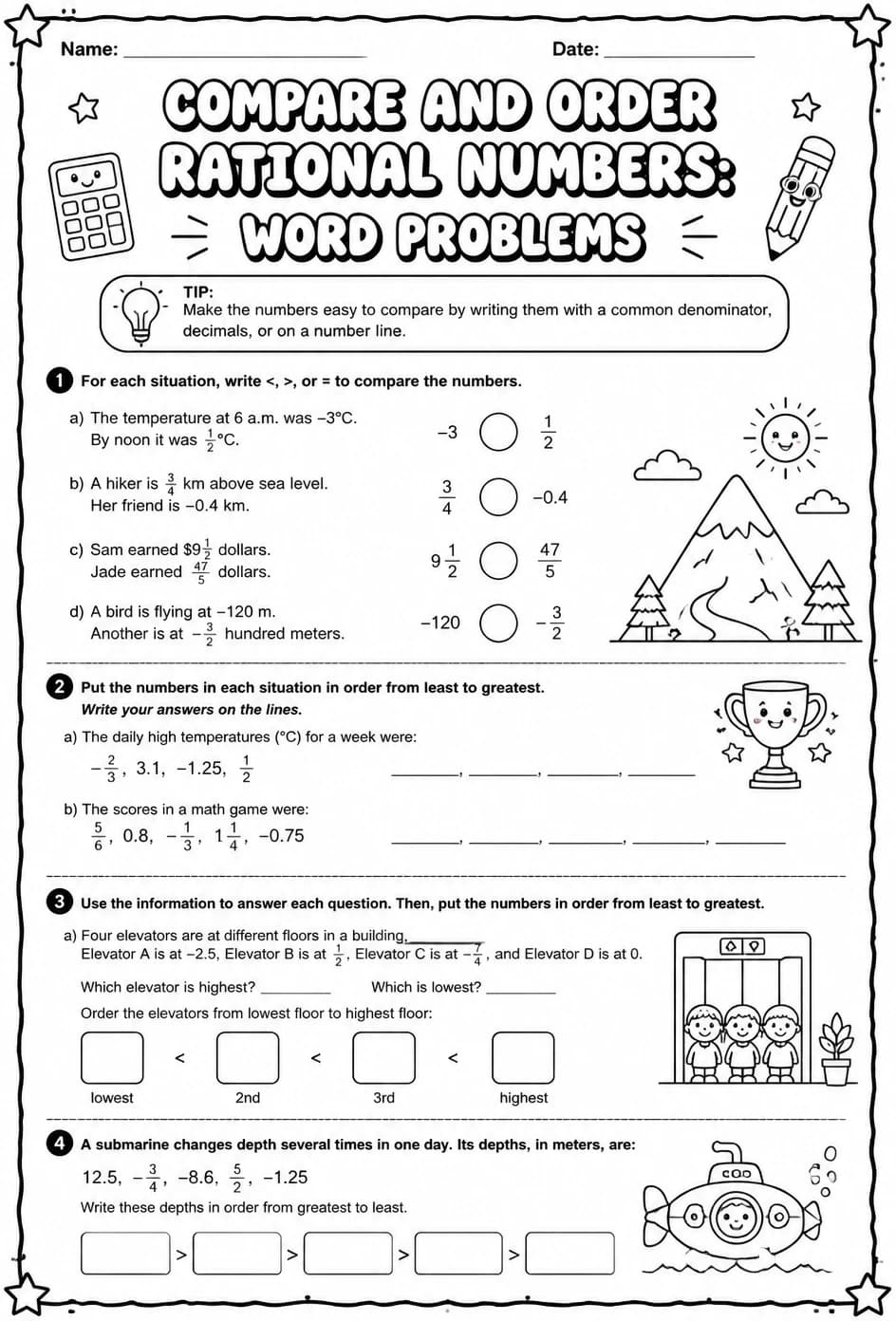 Compare and order rational numbers: word problems — free printable Grade 6 math worksheet