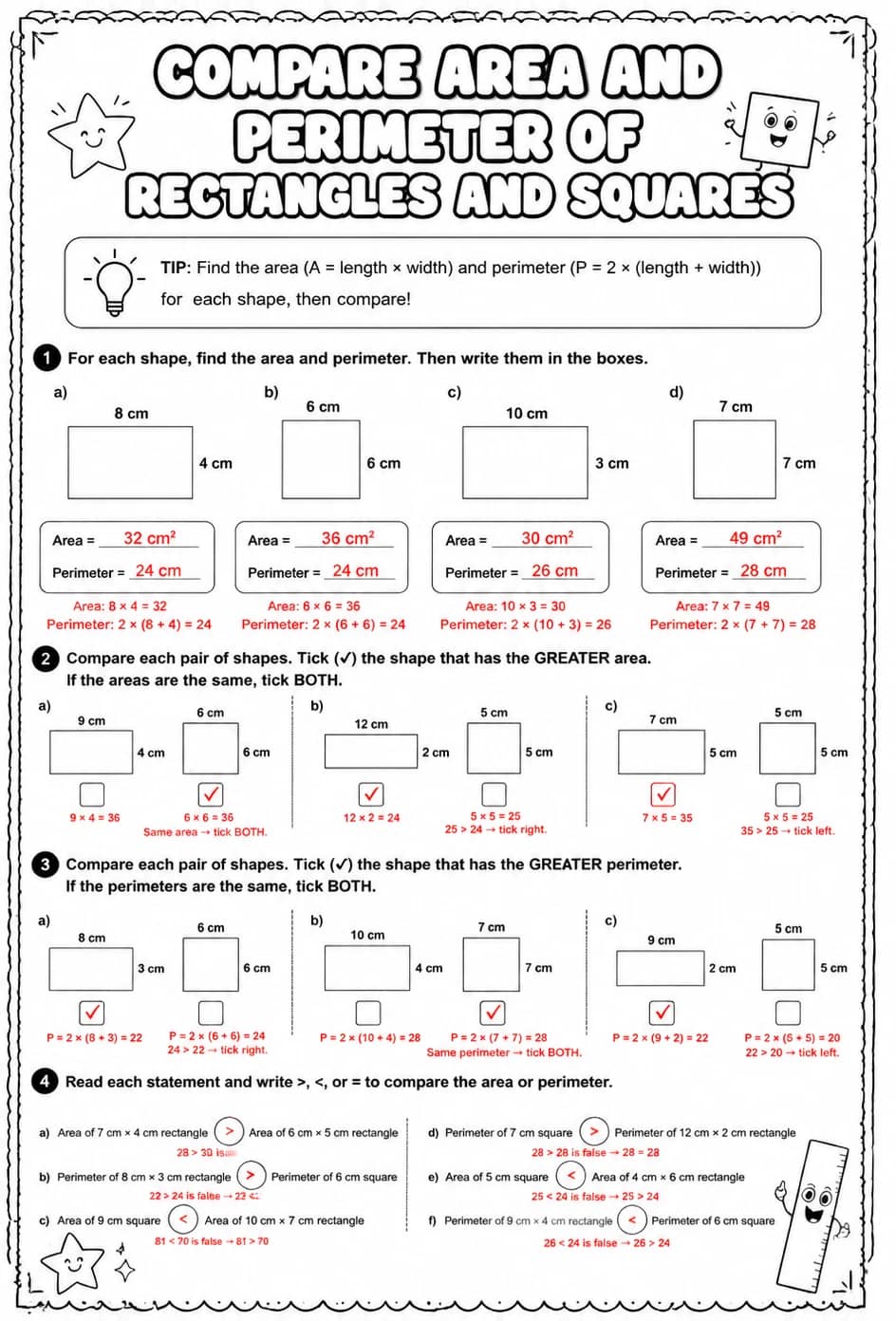 Answer key for Compare area and perimeter of rectangles and squares — free printable Math worksheet