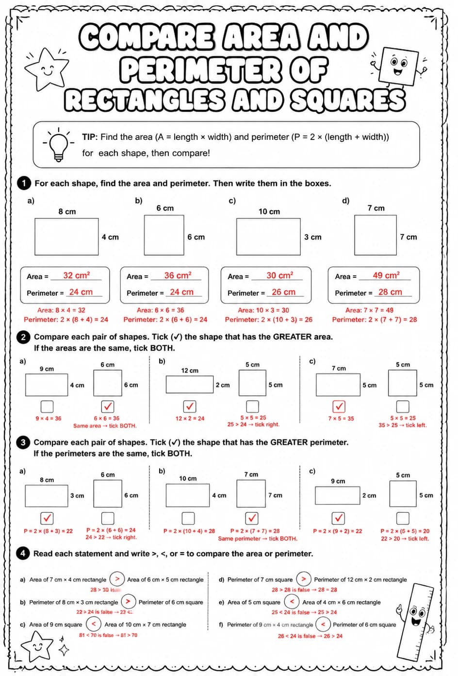 Answer key for Compare area and perimeter of rectangles and squares — free printable Math worksheet