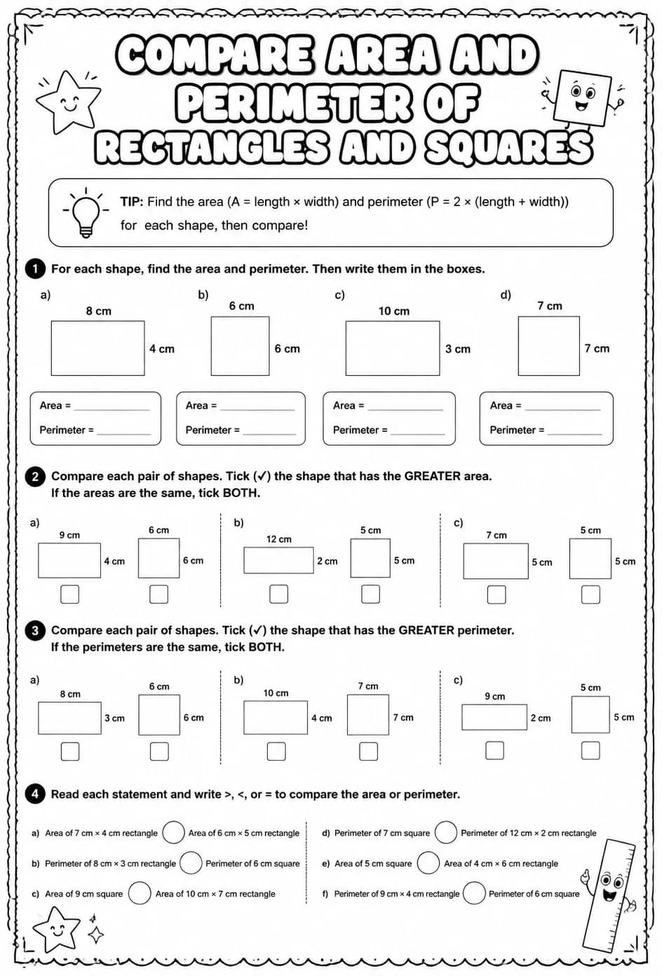 Compare area and perimeter of rectangles and squares — free printable Grade 4 math worksheet