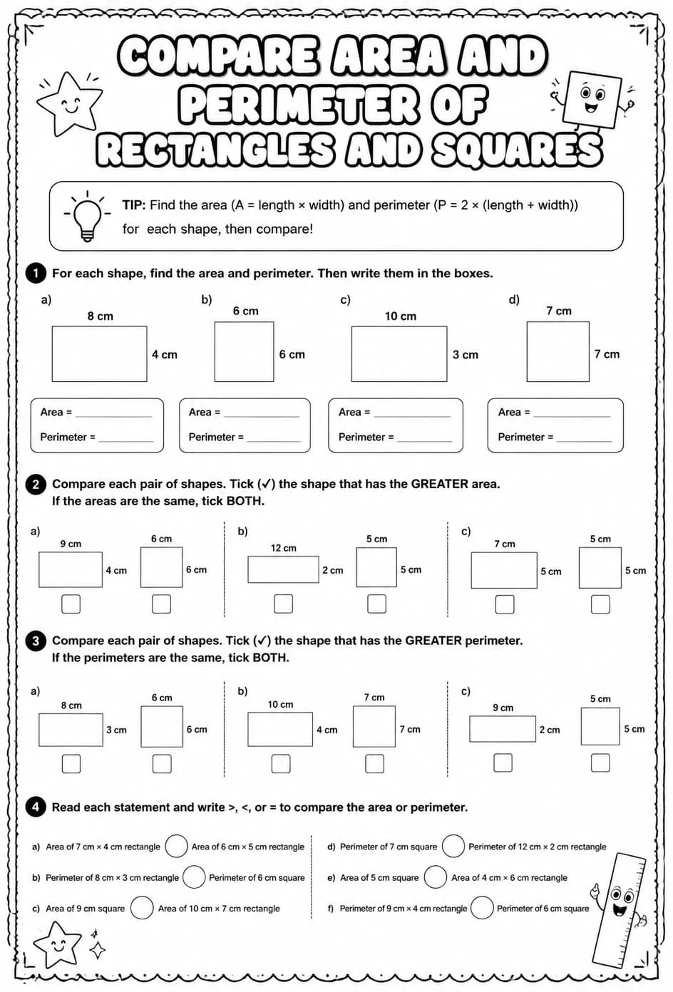 Compare area and perimeter of rectangles and squares — free printable Grade 4 math worksheet