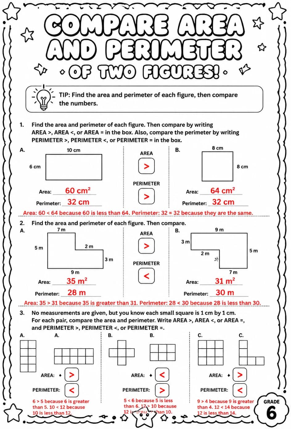 Answer key for Compare area and perimeter of two figures — free printable Math worksheet