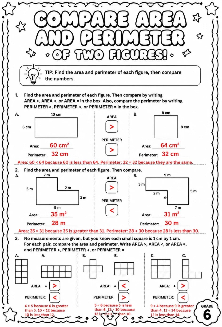 Answer key for Compare area and perimeter of two figures — free printable Math worksheet
